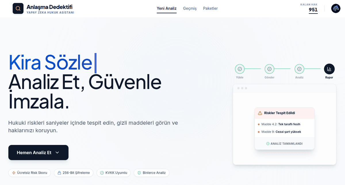 Anlaşma Dedektifi yapay zeka sözleşme analiz ekranı